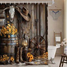 Western Cowboy Shower Curtain with Farmhouse Barn Door, Southwest Country Ranch