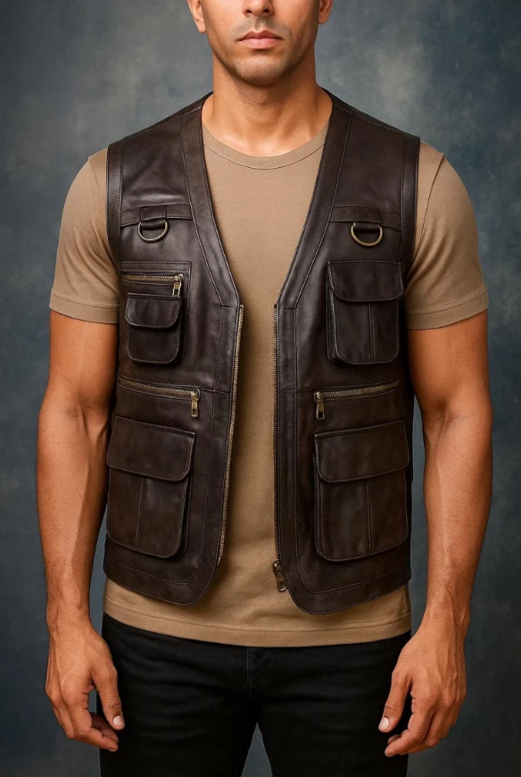 Men Brown Leather Utility Vest Multi Pocket Hunting Fishing Motorcycle Biker