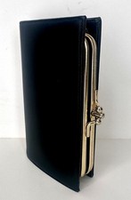 Vtg Baronet Genuine Cowhide Black Gold Leather Wallet Kiss Lock Coin Purse