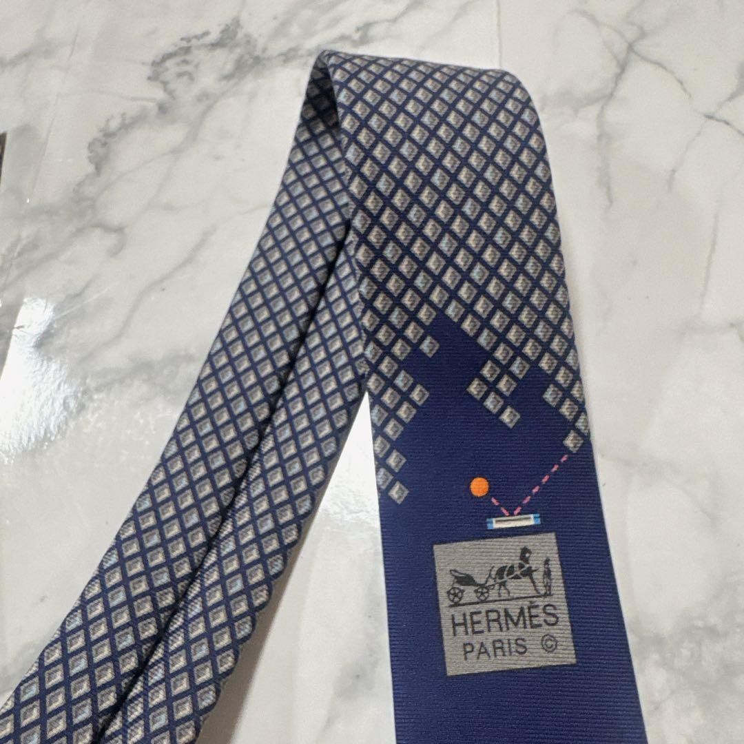 Hermes Necktie Navy Gray Square Pattern Near Used… - image 10