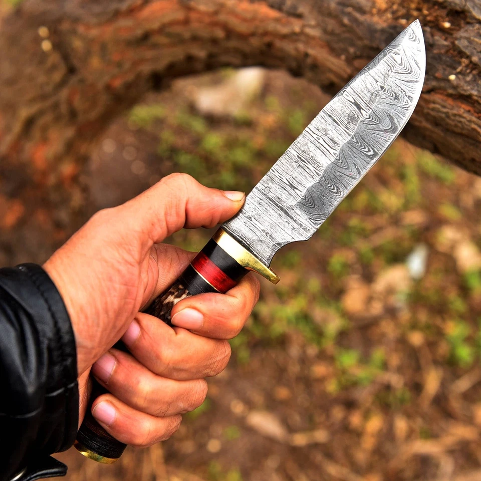 CUSTOM HANDMADE DAMASCUS STEEL HUNTING SKINNING KNIFE DEER STAG HANDLE SURVIVAL - Image 3 of 4