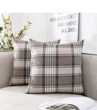 CARRIE HOME Brown Plaid Pillow Covers 24x24 Set of 2 Farmhouse Plaid NEW