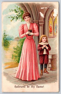 Greetings~Woman In Pink & Boy Hallowed Be Thy Name~Vintage Postcard