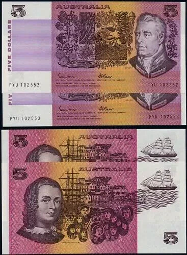 Australia 5 DOLLARS P-44E 1985 x 10 Pcs Running# Rare AUNC Johnstone/Fraser NOTE - Image 4 of 4