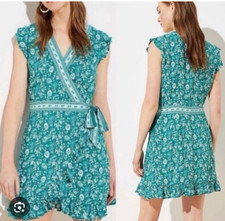 Ann Taylor LOFT Women Romper Dress 14 Green Floral Mini Short Ruffles Vneck Wrap