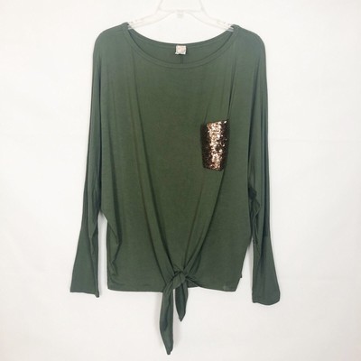 7th Ray Women's Tie Front Long Sleeve Green Top Size M Oversized