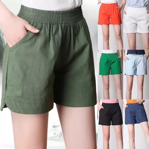 Summer Women's Casual Linen Shorts Trunks Ladies Elastic Waist Beach Short Pants - Picture 2 of 40