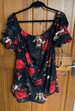 Dress by Prettylittlething "Black Floral Ruched Bardot Sleeve" Size 10 NWT