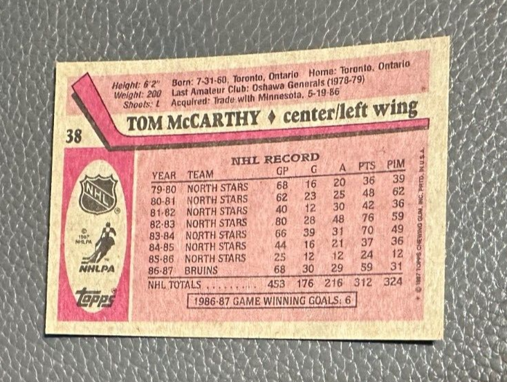1987-88 Topps Hockey #38 Tom McCarthy - Boston Bruins | eBay