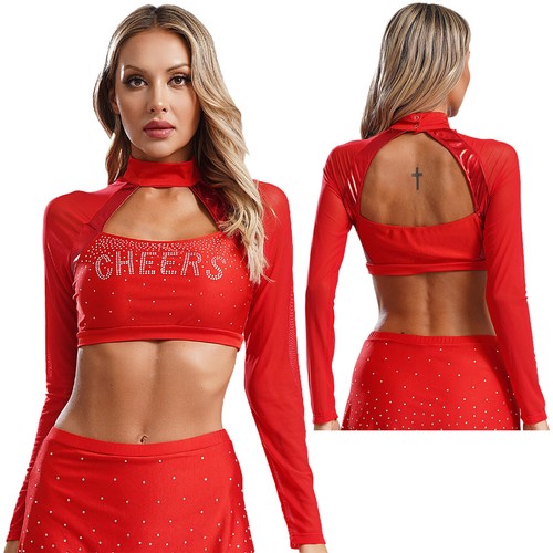Women Cheer Uniform Tops Night Club Crop Top Rhinestone Cheerleader Costume - Picture 4 of 87