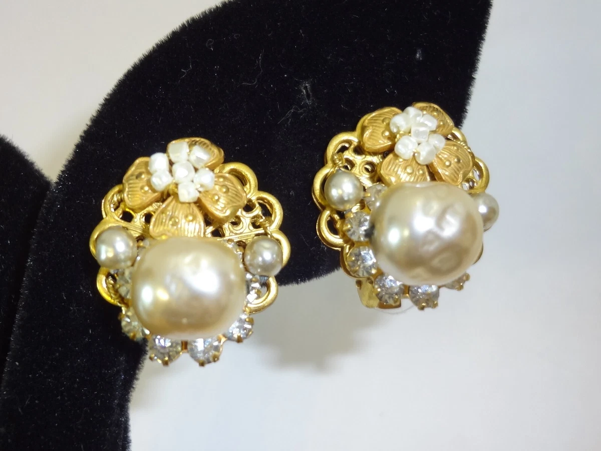 Vintage MIRIAM HASKELL Faux Pearl Rhinestone Clip Earrings eBay
