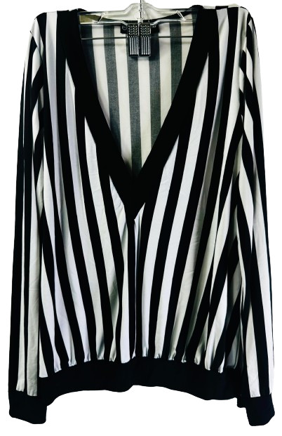 Ftf Mujer Más Manga Larga Cuello En V Rayas Verticales Camisa Negra Talla 0