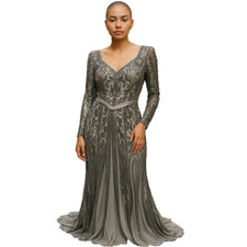 R M Richards Woman Dress Size 16W Gray Silver Sequins Maxi Event Mother of Bride