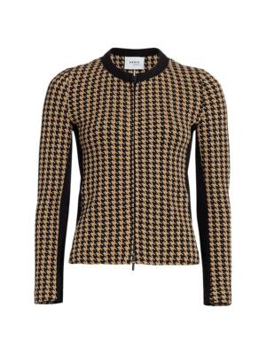 NEW, Akris Houndstooth Jersey Zip-Front Jacket in Brown/Black - Size 8 #C1599