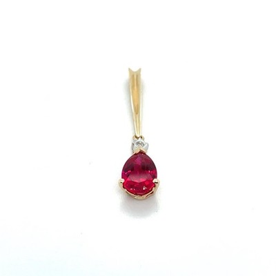 14k Yellow Gold 1-1/4  High 9x6mm Pear Lab Ruby & Diamond Long Pendant 1.5 Gr.