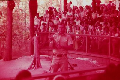 c1970's 35mm Slide, Man Animal Handler Audience Spectators Show Children Wooden