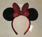 NEW 2026 Disney Parks Black Red Rhinestone Sequined Bling Minnie Ears Headband
