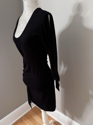 Cache Dress Black Knee Length Slit Sleeves & Roughed Side Stretchy XS