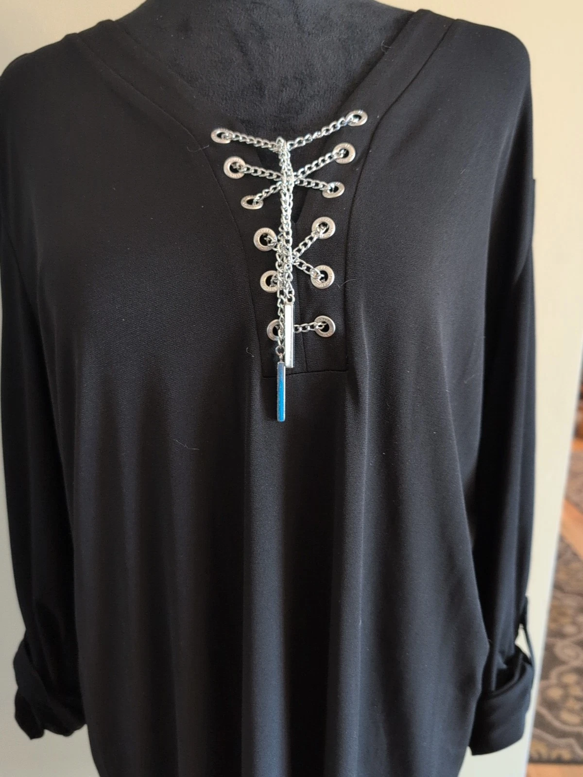 Abito nero casual elasticizzato taglia L Michael Kors con incrocio incrociato catena argento us intime ottimeioni