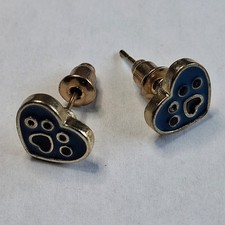 Blue Heart Paw Print Stud Earrings Pet Lover Gift Silver Tone