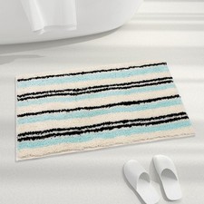 Teal Striped Fluffy Absorbent Non Slip Microfiber Bath Mat Washable 24x16 Inch