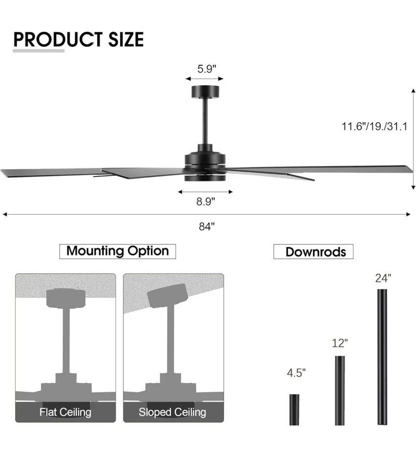 ELEHINSER 84" Ceiling Fan, 9 Wood Blades, No Light, 6 Speed, W/Remote - Image 2 of 4