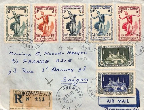 Cambodia multifranked registered cover to Saigon Phnompenh RP - 1952