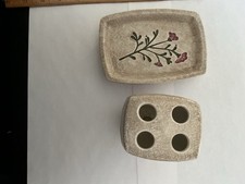 Rustic Ceramic Bathroom Set Soap Dish  4-Hole Toothbrush Holder Floral Beige