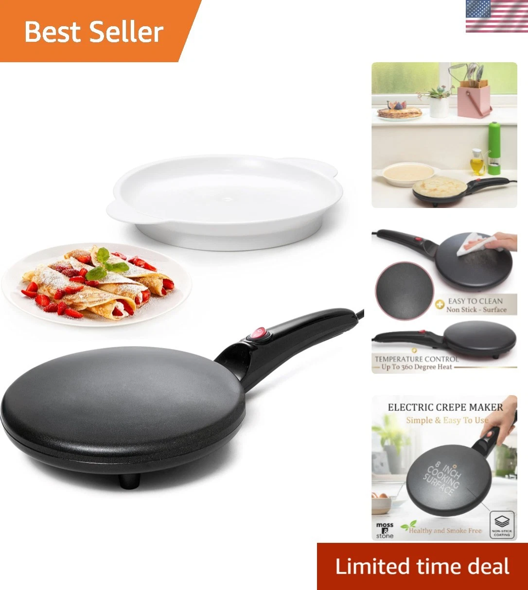 Electric Crepe Maker – 8” Portable Crepe Pan Nonstick with Dipping Plate, Aut...