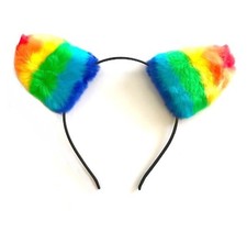 RAINBOW FAUX FUR EARS Headband Pony Cat Animal  Ears Pride LGBT Fancy Dress UK