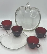 4 Sets: Hazel Atlas Apple Shape Clear Snack Plate & Anchor Hocking Red Glass Cup