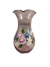 Fenton Floral Hand Painted Purple Tinted Vase With Ruffled Edge 8" Tall Preloved