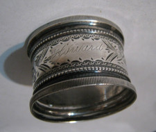 Victoria Era Silver Napkin Ring w/ Reeded, Rope & Flower Borders, Chased Rosebud