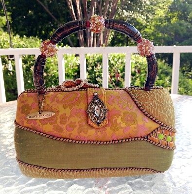 Mary Frances Green & Gold Beaded Satin Patchwork Satchel With
