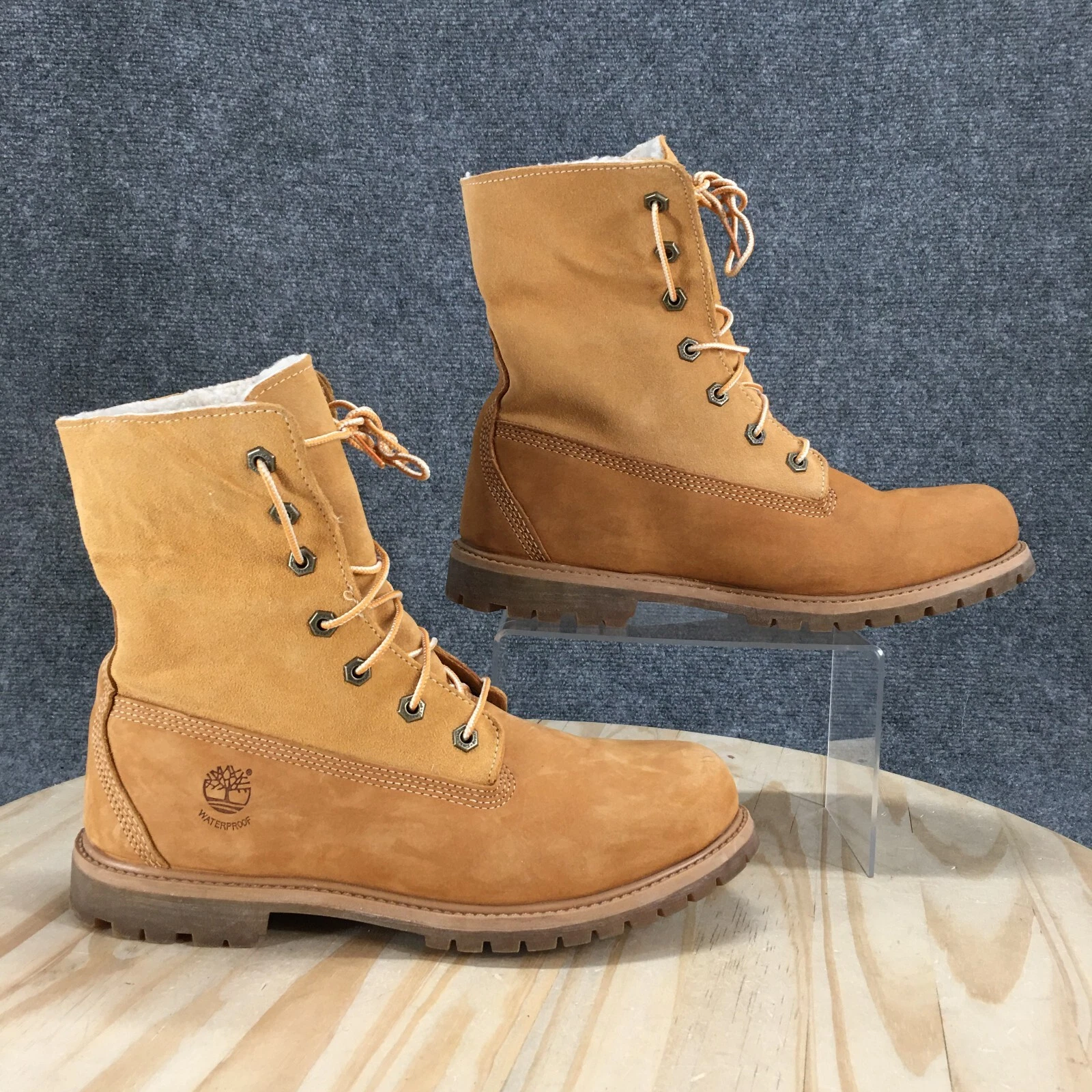 Stivali Timberland donna 10 M combattimento marrone pile pieghevoli lacci metà polpaccio 8329R