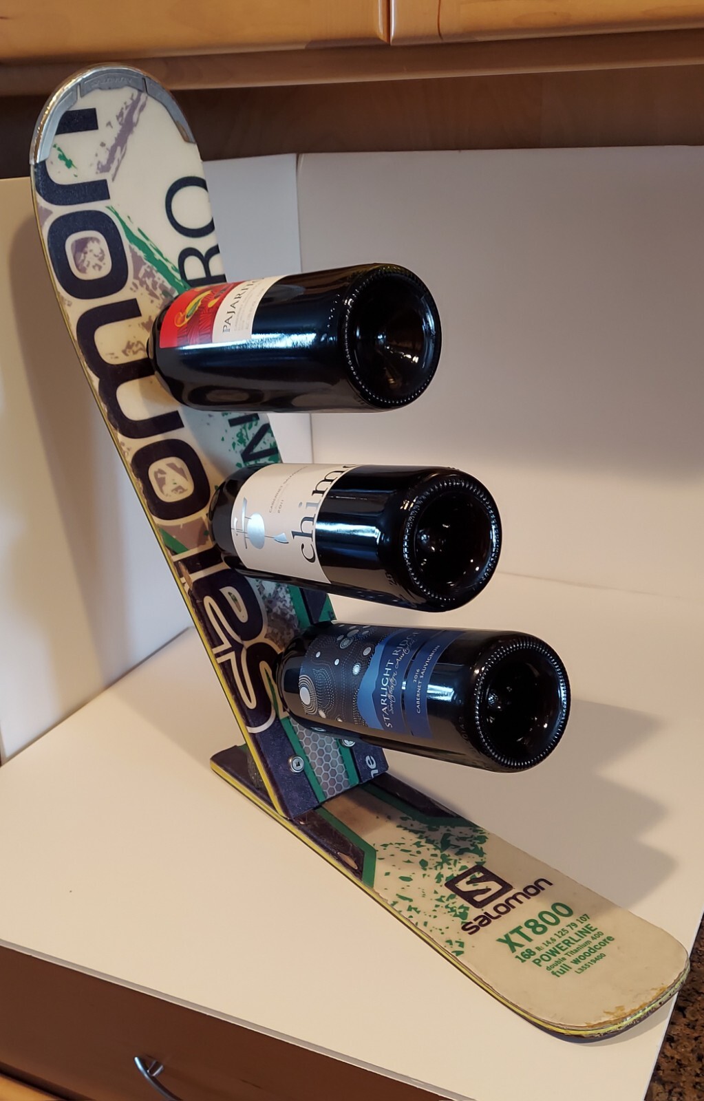 Salomon Ski riciclato 3 bottiglie portavini piano tavolo