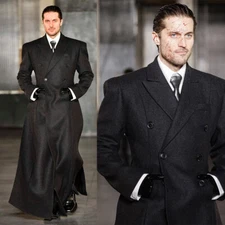 Men Regular Double Breasted Overcoat Wool Blend Coat Extra Long Fit Ankle Length