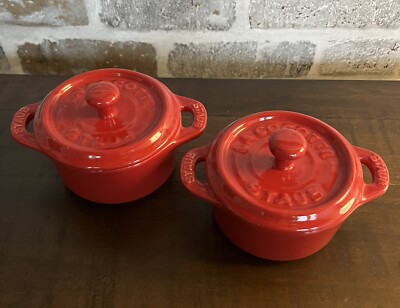 Set Of 2 STAUB Red La Cocotte Round Mini Ceramic Casserole Dutch Oven Bakeware
