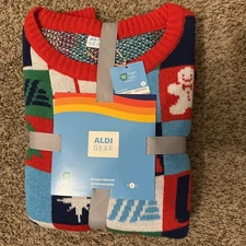 2024 Aldi Gear Christmas Holiday Sweater - SIZE LARGE - Blue Gingerbread & Trees
