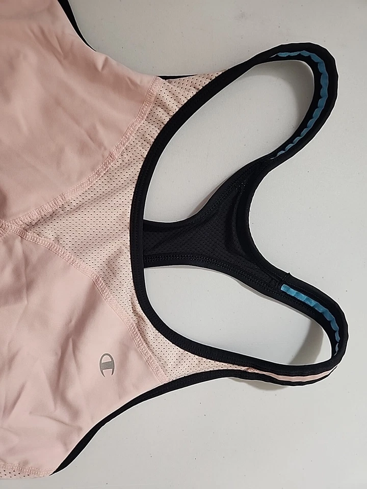 Champion Women Sports Bra XL Pink Black Logo Racerback Double Dry Back Hook &Eye - Image 2 of 4