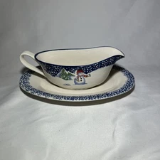 Thomson Pottery Snowman Gravy Boat and Tray 2 Piece Christmas Set