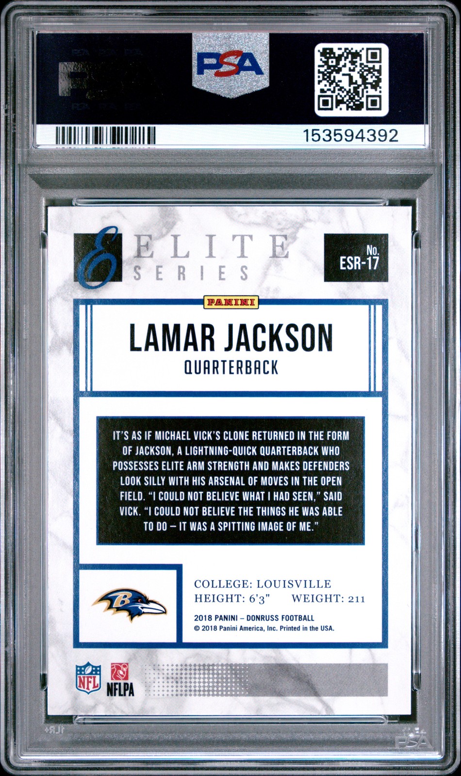2018 PANINI DONRUSS THE ELITE SERIES ROOKIES #ESR17 LAMAR JACKSON RC PSA 8 view 2