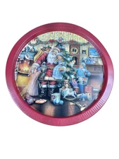 Vintage Santa Christmas Metal Serving Tray 12.5” Round Holiday Decor Kids Toys