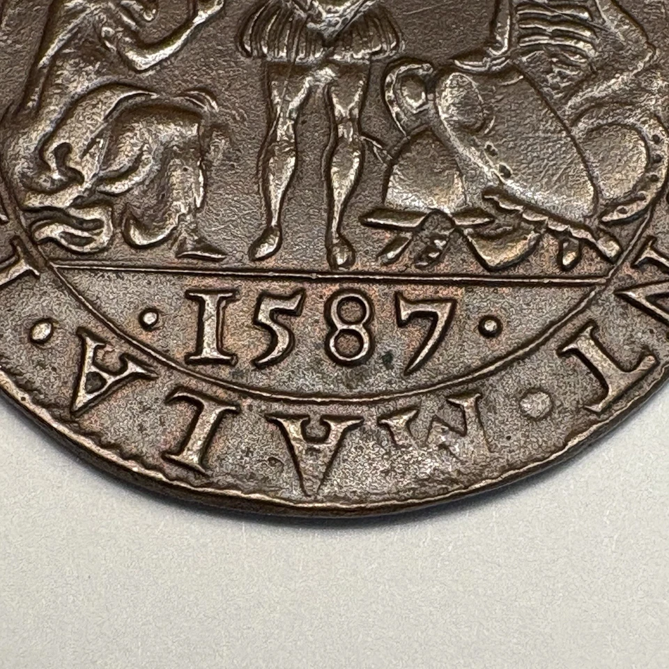 Moneda de cobre 1587 Países Bajos Dordrecht Jeton • Alegoría de la muerte años 1500 Foto 3 de 4