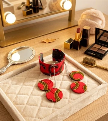 Bracelet Manchette + Boucles D'oreilles En Tissu Wax Africain Rouge Éclatant - Photo 1/4