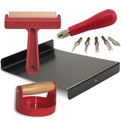 Speedball 4-Piece Block Printing Tool Set w/ Linocut Tool, Roller, Baren, Bench