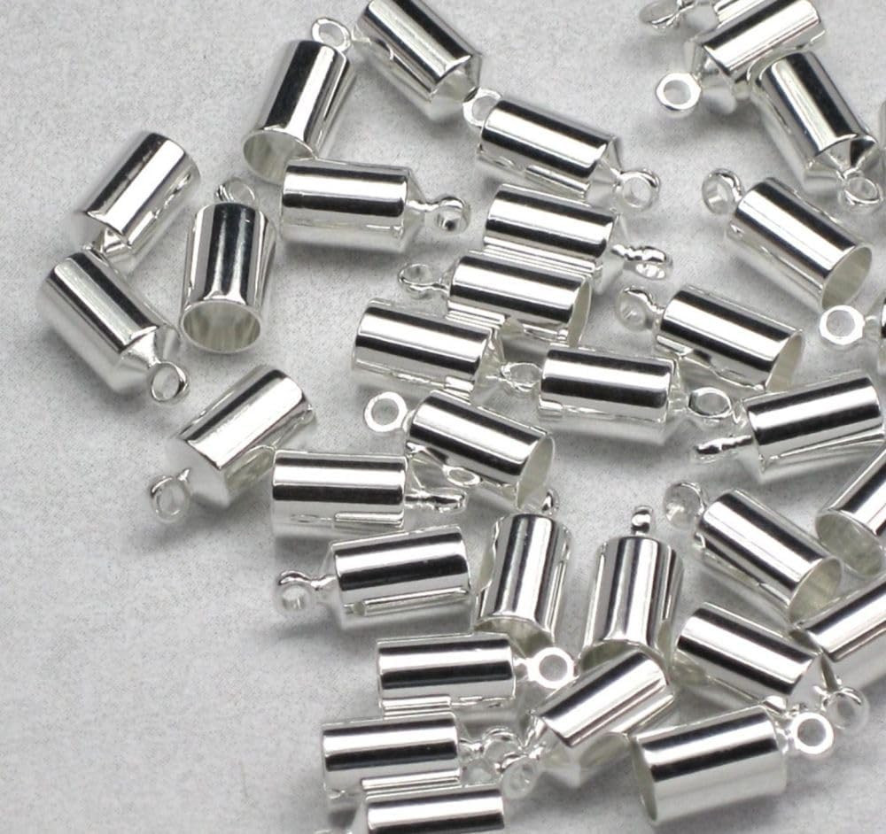 100Pcs round Tube Cord End Caps Sterling Silver Plated Glue in Endcap Barrel for
