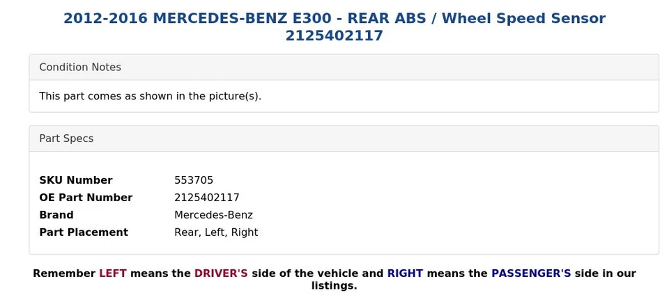 2012-2016 MERCEDES-BENZ E300 - REAR ABS / Wheel Speed Sensor 2125402117 - Image 4 of 4