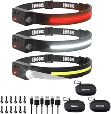 COSOOS LED Headlamp Rechargeable 3PCS with Cases, White & Red Light, Motion Sens