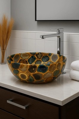 Luxury Agate Stone Vessel Sink | Golden Teal Gemstone Bathroom Decor